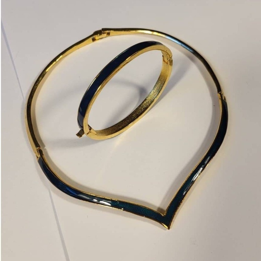 Vintage Gold Tone V Shape Necklace and Bangle Bracelet Set Teal Blue Enamel NOS